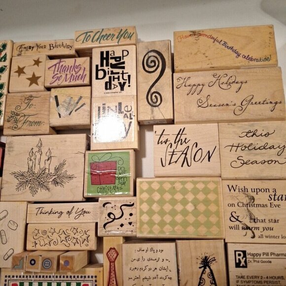 Wood Mounted Rubber Stamps Lot 85+ Holiday Christmas Birthday Various Designs - Picture 5 of 10